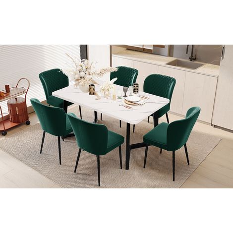 Lot de 6 Chaises de Salle à Manger en Velours Vert Foncé, Assise Rembourrée, Pieds Métal Noir (1/5)