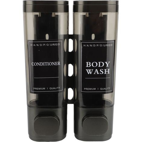Wall-mounted pressure pump soap dispenser, 300ml, ABS, double head, transparent, grey shampoo (1/5)