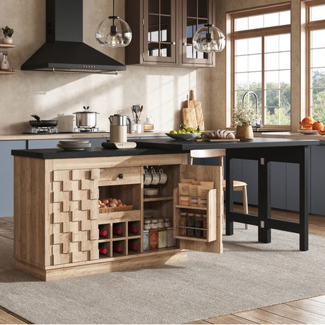 Meuble de bar Îlot de cuisine pivotant 360° 120-197 x 40 cm avec rangement, tiroir et porte-bouteilles, MDF naturel (1/5)