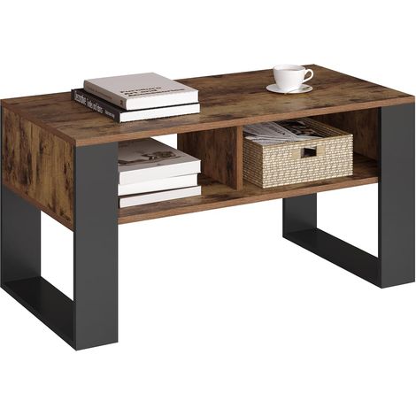 WOLTU Mesa de Centro con 2 Compartimentos Abiertos - Mesa de Centro Marrone Rústico + Negro, 90x45x45cm