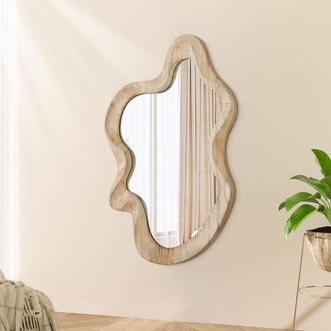 Grand Miroir Mural asymétrique Cadre en Bois irrégulier Moderne Unique Mural Art Miroir ondulé décoration Salle de Bain vanité Chambre Salon Hall d'entrée 55x37cm Naturel (1/5)