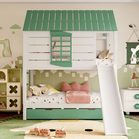 Lit superposé 90 x 200 cm, lit enfant avec toboggan et lit gigogne, blanc + vert (1/4)