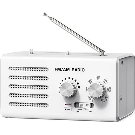 Radio Portable FM/AM - Transistor à Bouton Extra Large, Haut-Parleur Puissant et Prise USB pour Recharge, Blanc