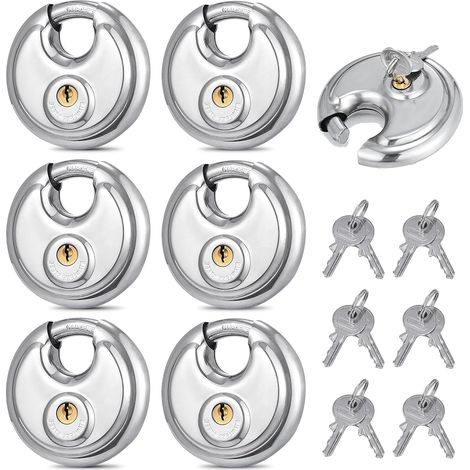 Lot de 6 cadenas à disque, 70 mm, en acier inoxydable, cadenas avec clé, antirouille, résistant aux intempéries, serrure de sécurité pour entrepôt, garage, abri de jardin et salle de sport (1/5)
