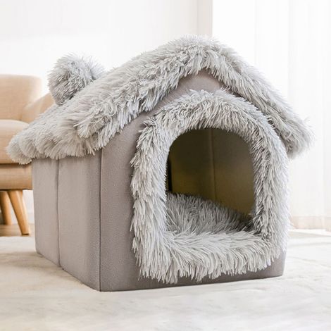 Niche pour chat et chien en peluche longue, maison fermée pour animal domestique, chaude et confortable, taille M (jusqu'à 7,5 kg) (1/3)