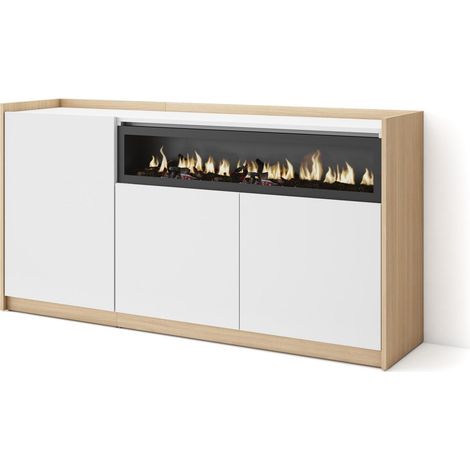 Skraut Home - Aparadores para salón, 156x37x80cm, 3 Puertas, Chimenea eléctrica, Blanco y roble soft (1/5)