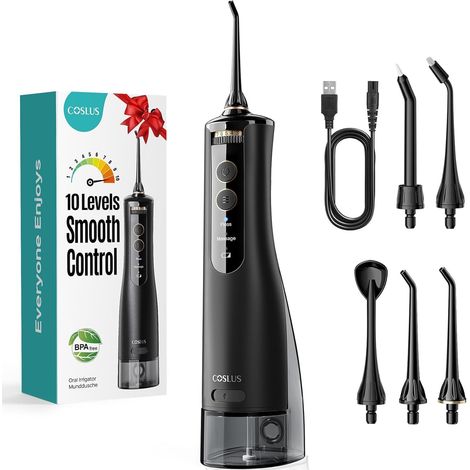 Hydropulseur jet Dentaire Portable Dentaire Irrigateur Oral, 300 ML Sans Fil Hydropulseur 10 niveaux de contrôle doux, Rechargeable et Étanche IPX7 Vainqueur du Test, Noir (1/5)