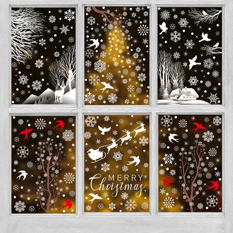 Autocollants pour fenêtre flocons de neige blancs et branches d'arbre, autocollants scène de forêt enneigée avec colibris, décorations de Noël hivernales, décorations de fenêtre statiques, anti-collis