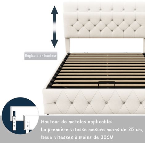 Dans Les Nuages – Lit coffre 160x200 cm – Rangement pratique avec mécanisme à vérin à gaz – Cadre en métal et sommier à lattes en bois – Velours beige capitonné