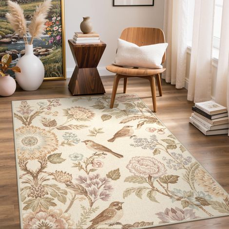 Tapis Salon Vintage 120x170cm Lavable en Machine Rug AntidéRapant Poil Ras, pour Chambre Salle a Manger Descente de Lit Bureau, Cuisine,Crème et Rose Antique (1/5)