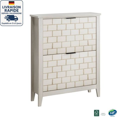 Scarpiera - Mobiletto portaoggetti con 2 ante - Stile medievale retrò - Motivo a scacchi - 80 x 24 x 97,5 cm - Bianco retrò (1/5)