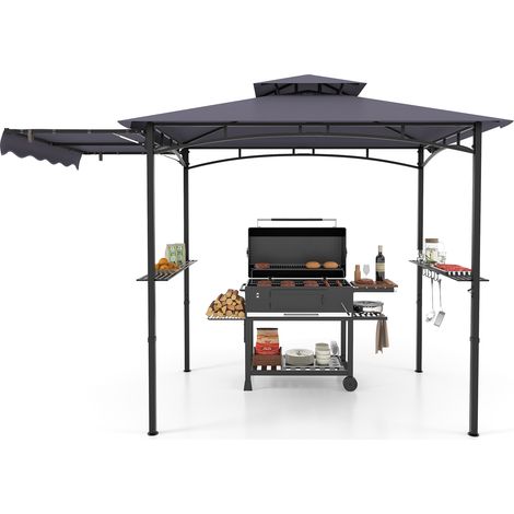 Tonnelle de Barbecue 318 x 153 cm avec Auvent Latéral, Dessus à 2 Niveaux, 2 Etagères Latérales, Crochets de Suspension, Décapsuleur, Gris (1/5)