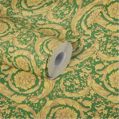 Papier peint vert & doré Tapisserie baroque idéale pour chambre adulte & salon chic Papiers peints motif floral baroque (1/5)