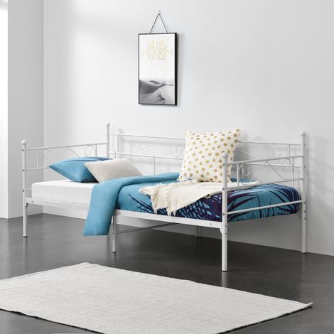 Cama Simple Kreava Reposacabezas y Reposapiés Metal 90x200cm Blanco [en.casa] (1/5)