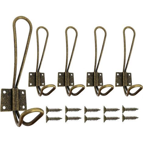 HONORNIC - Crochets en métal couleur bronze, lot de 5 crochets muraux vintage en fer forgé, cintres bimétalliques robustes, avec vis