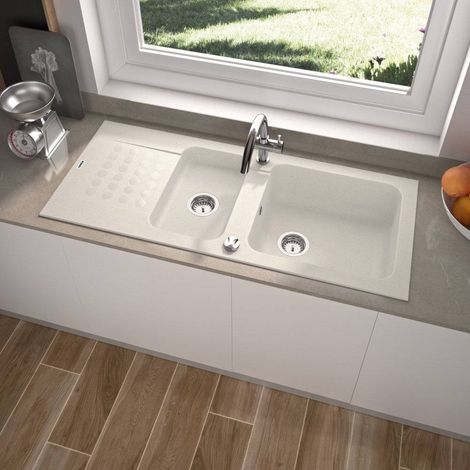 Carea Cuisine & Bain – Évier à encastrer 2 bacs réversible – Carealith® résistant aux chocs et à la chaleur – Dimensions 118x50x18 cm – Livré avec accessoires