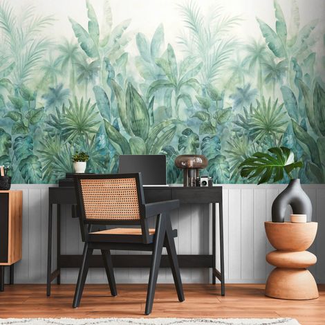 Photo wallpaper wall Profhome 398101 hot embossed non-woven wallpaper slightly textured with jungle elements matt green teal cream pale blue 1,59 m x 2,8 m