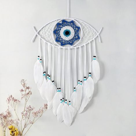 Atrapasueños de plumas blancas tejido a mano con un motivo de ojo protector  Decoración de pared, adorno, regalo de amuleto de la suerte, regalo de Navidad (1/5)