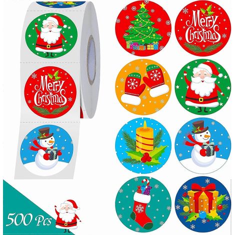 Rouleau de 500 autocollants de Noël, 8 motifs différents, décorations hivernales, Père Noël, bonhomme de neige, étiquettes rondes pour articles de fête de Noël avec jeu de mots (1/5)