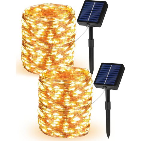 Lot de 2 Guirlande Solaire Extérieur, Total 20M 200LED Guirlande Lumineuse Étanche IP65, 8 Modes Minuteur Fonction Mémoire Fil de Cuivre Décoration Jardin Terrasse Extérieur(Blanc Chaud) (1/5)