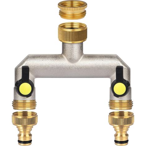 2-Wege-Messing mit 1/2-Zoll-Adapter, 2-Wege-Ventilverteiler mit separaten Kugelhähnen, 3/4 Zoll (26,5 mm) Bewässerungsschlauchadapter zum Einstellen und Stoppen des Wasserflusses