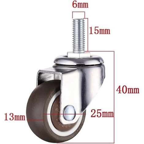 Lot de 4 roulettes pivotantes pour meubles - M6 x 15 mm - Filetage 25 mm - Caoutchouc souple - Filetage TPE - Mini roulettes pour meubles (25 mm)