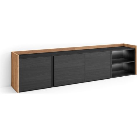 Skraut Home - Mueble TV, Televisión, Muebles de salón, almacenaje, 207x35x50cm, Para TV hasta 80", LED, Estilo Moderno, Negro y roble (1/5)