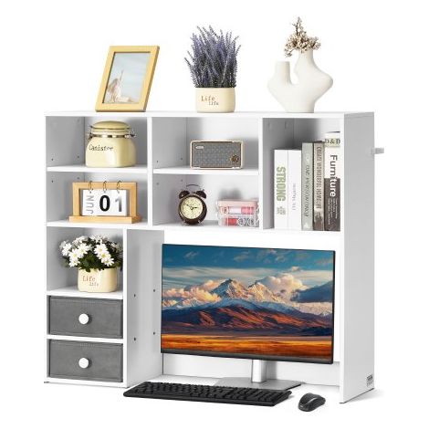Schreibtisch Bücherregal 3-stufiger Organizer (94 x 25,4 x 79,2 cm) Tischregale Organizer Ausstellungsregal aus Spanplatte + Melaminpapier, Regal mit rutschfesten Füßen, für Büro Weiß (1/5)
