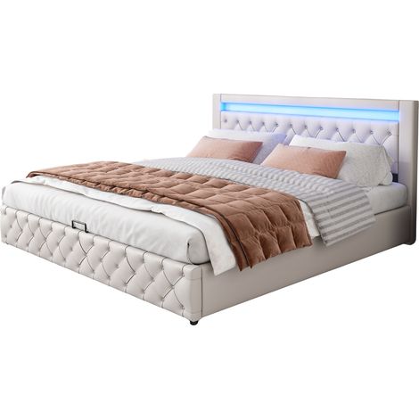 Polsterbett 160 x 200 cm aus PU, Doppelbett mit Regelbarer LED und Bettkasten, ohne Matratze, Weiß (1/5)
