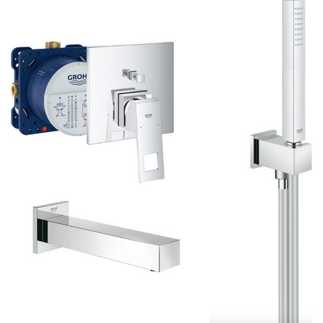 Grohe Eurocube Set Miscelatore meccanico e corpo incasso + bocca vasca StarLight + doccetta a bastone 1 getto, Cromo (24062cube-Bath) (1/5)