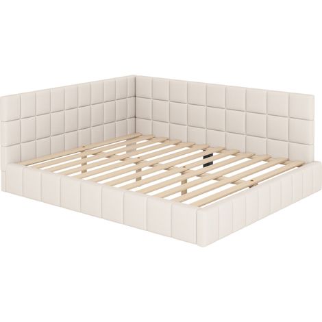 Cama tapizada convertible 160 x 200 cm de terciopelo beige con somier de lamas (1/5)