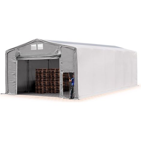 8x12m hangar TOOLPORT, PRIMEtex PVC 2300 N gris, H. 4m avec porte actionnée par traction et fenêtres dans le toit, avec statique (type de sol : terre)