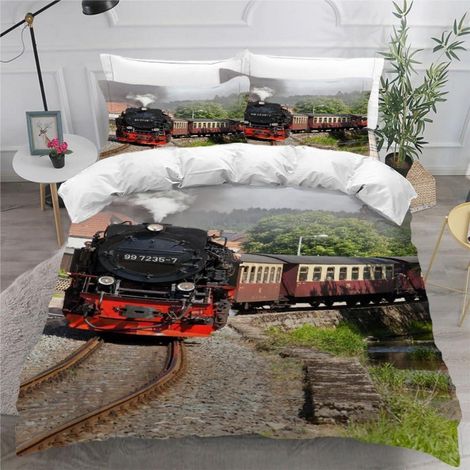 Bettwäsche-Set 200x200 cm mit 3D-Druck Zugmotiv, 100% Mikrofaser, 2 Kissenbezüge 80x80 cm