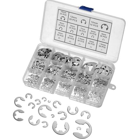 Circlips, 400 pièces, circlips en acier inoxydable de 1,5 à 15 mm avec boîte de rangement, assortiment de circlips, anneau de circlip interne, anneau de retenue externe. (1/5)