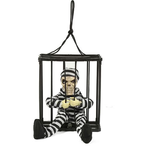 Halloween-Dekorationen für ein Spukhaus: ein gruseliges, animiertes, schreiendes Skelett, gefangen in einem Käfig mit leuchtenden Augen. (1/5)