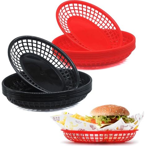 JWNMLL Speisekörbe zum Servieren von Kino-Snacktabletts, mexikanisches Partyzubehör, wiederverwendbarer Kunststoff für Burger, Pommes (8 Stück Rot + 8 Stück Schwarz) (1/5)