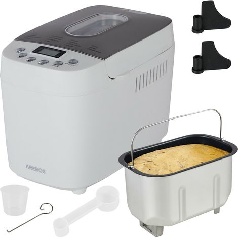 AREBOS Brotbackautomat 1500g mit 15 Programmen 2 Knethaken Timer LCD Display 3 Bräunungsgrade und Brotgrößen 850 W Weiß