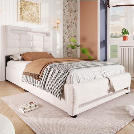 Lit capitonné moderne 90x200 cm en lin beige, tête de lit carrée, LED 16 couleurs via APP, rangement hydraulique et port USB (1/5)