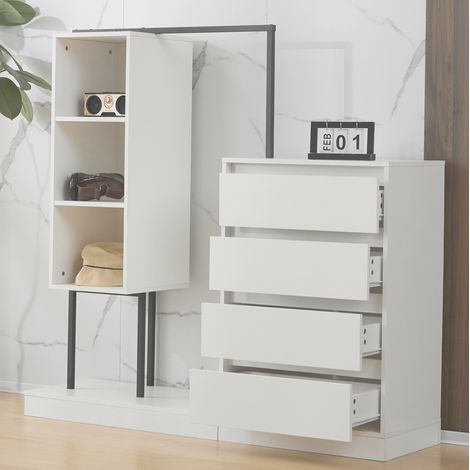 Armoire de rangement 140 x 40 x 135 cm blanc et noir, penderie et tiroirs, métal MEUBLIV (1/5)