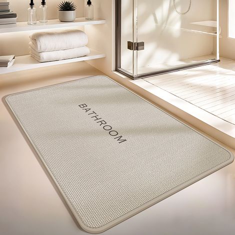 Tappeto per il bagno in lino tessuto – antiscivolo, super-absorbente e rapido da asciugare – per bagno, toilette e entrata – 40 x 60 cm – bianco crema con bordo arrotondato