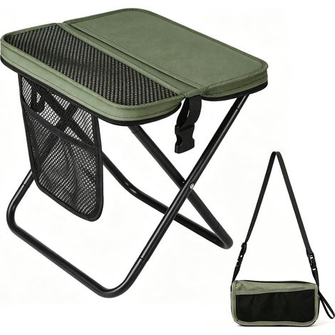 Tabouret de Camping Pliable, Mini Tabouret de Camping Pliable, Chaise de Camping Pliable avec Filet et Bretelles, Siège de Camping Portable pour Voyages, Jardin, Pêche, Barbecue, Plage (Vert) (1/5)