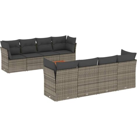 Set de muebles de jardín 9 pzas y cojines ratán sintético gris vidaXL (1/5)