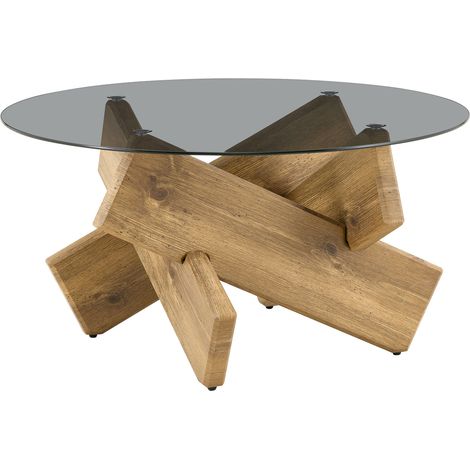 CHICFURN Table basse ronde en verre trempé, piètement aspect bois clair, design géométrique moderne, Ø 79 cm, H 45 cm, pour salon élégant et facile à vivre (1/5)