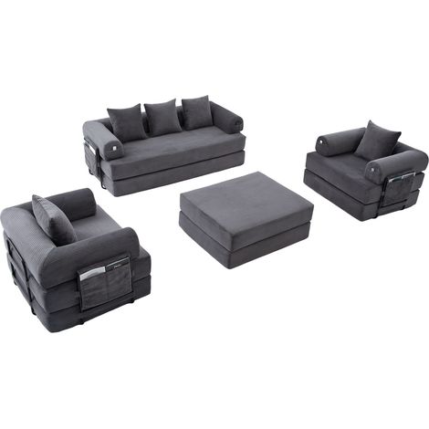 Canapé 3 places modulable en velours côtelé gris foncé, avec fauteuil et ottoman, rangement latéral, 3 coussins, structure métal – CHICFURN (1/5)