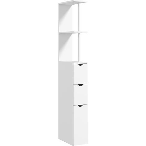 Colonne salle de bain blanche, armoire avec tiroirs, étagères ouvertes et placard, 15 x 33 x 136,5 cm