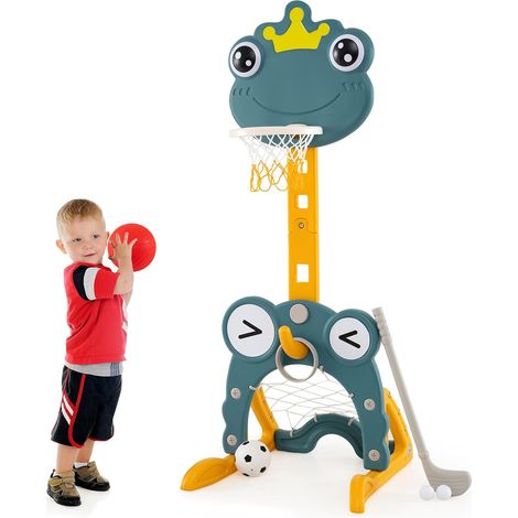 COSTWAY 4 in 1 Canestro da Basket per Bambini, Centro Attività con Cerchio, Porta Calcio, Lancio ad Anelli, Golf, Canestro Regolabile, per Bambini 3+ Anni (Rana) (1/5)