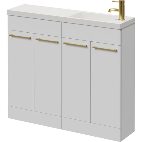 Napoli 250 Gloss White 1000mm 4 Door Vanity Unit with Round Silvo Basin - 1000mm - Brushed Brass 160mm Handle