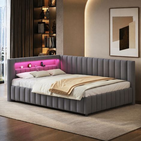 Canape d'angle lit 140x200, LED, velours gris HAVRYA (1/5)