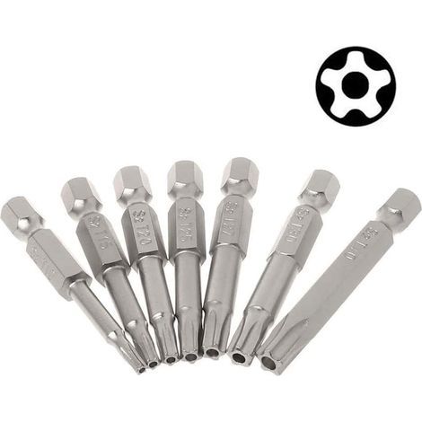 7pcs Embouts de Tournevis Magnétiques à Tête Étoilée de Tige Hexagonale 6.35mm Bit Set Embouts Tournevis Sécurité Torx à 5 Pointes Inviolable en S2 Acier T10-T40 Tournevis Bits de 50 mm (1/5)