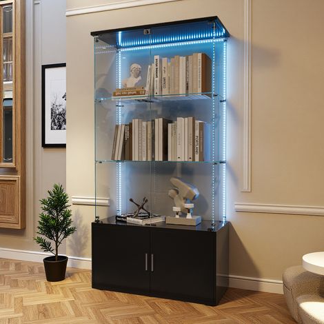 Vitrine en Verre avec éclairage LED 164x78.5x35 cm, Vitrine étagère Debout avec Porte en Verre et Etagères, Armoire de Collection Moderne en Verres, pour Salon Bureau, Noir (1/5)
